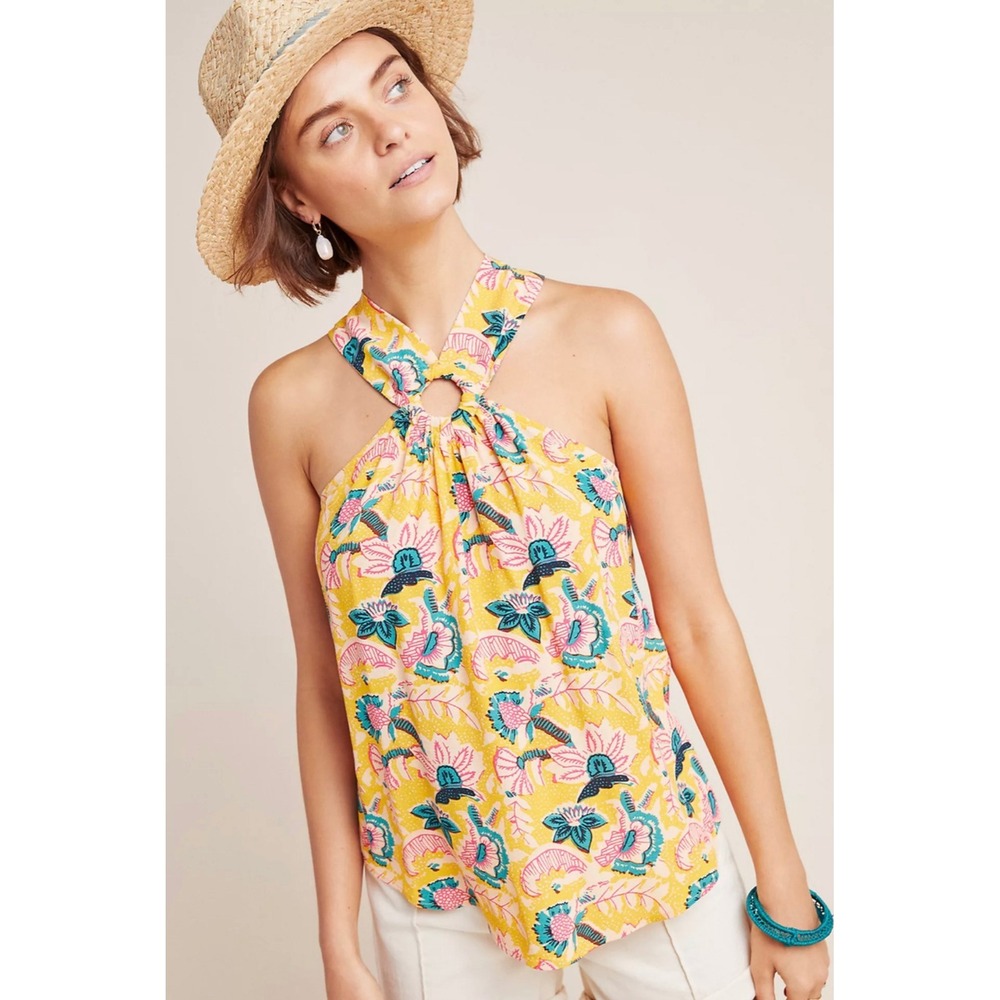 Maeve Anthropologie Yellow‎ Floral Halter Top Twisted Keyhole Blouse Womens 6